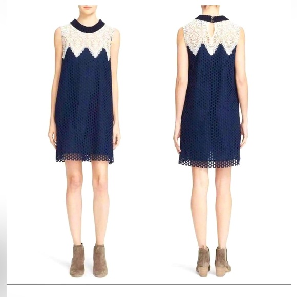 Sea New York Dresses & Skirts - SEA NEW YORK GUIPURE LACE CROCHET BLUE EYELET SHIFT DRESS 8